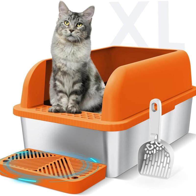 Suzzipaws Enclosed Stainless Steel Cat Litter Box with Lid Extra Large Litter Box for Big Cats XL Metal Litter Pan Tray with High Wall Sides Enclosure, Non-Sticky, Anti-Leakage, Easy Cleaning