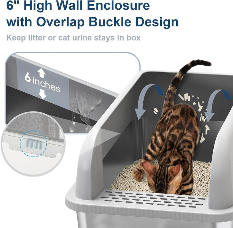 Suzzipaws Enclosed Stainless Steel Cat Litter Box with Lid Extra Large Litter Box for Big Cats XL Metal Litter Pan Tray with High Wall Sides Enclosure, Non-Sticky, Anti-Leakage, Easy Cleaning