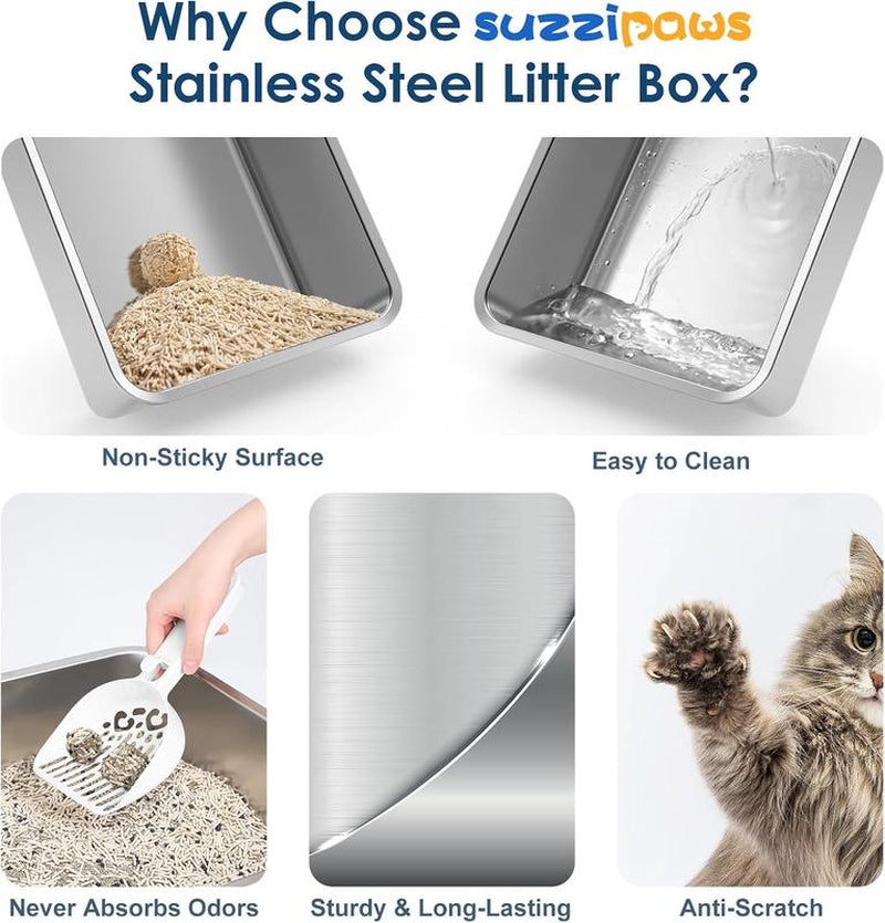 Suzzipaws Enclosed Stainless Steel Cat Litter Box with Lid Extra Large Litter Box for Big Cats XL Metal Litter Pan Tray with High Wall Sides Enclosure, Non-Sticky, Anti-Leakage, Easy Cleaning