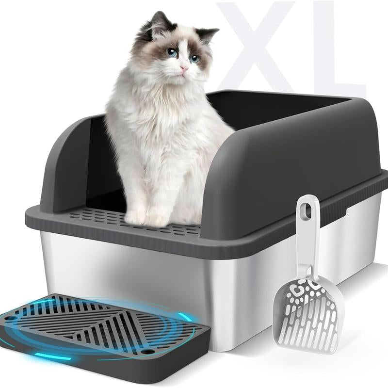 Suzzipaws Enclosed Stainless Steel Cat Litter Box with Lid Extra Large Litter Box for Big Cats XL Metal Litter Pan Tray with High Wall Sides Enclosure, Non-Sticky, Anti-Leakage, Easy Cleaning