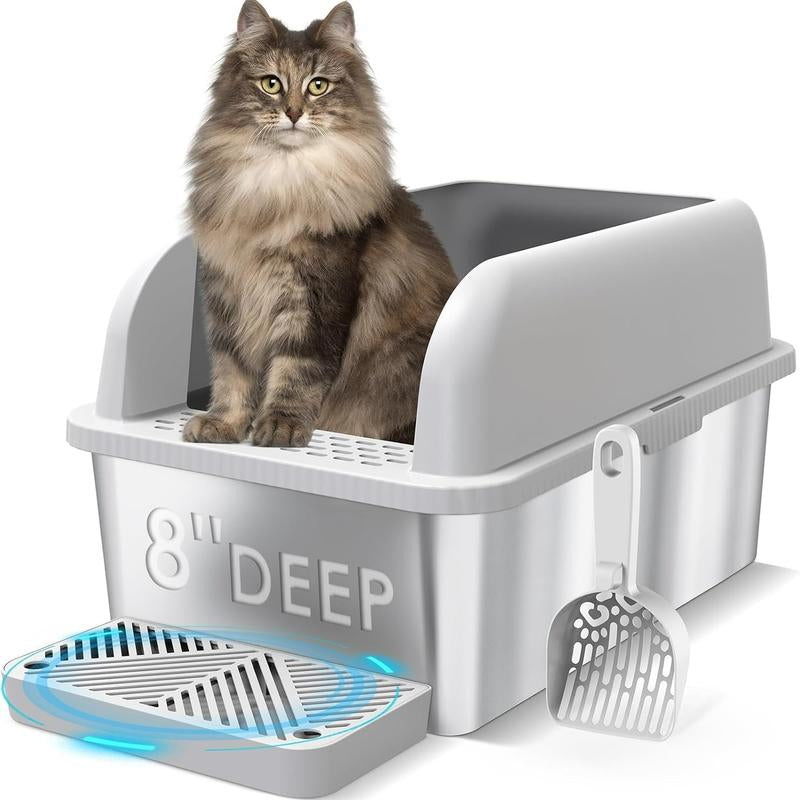 Suzzipaws Enclosed Stainless Steel Cat Litter Box with Lid Extra Large Litter Box for Big Cats XL Metal Litter Pan Tray with High Wall Sides Enclosure, Non-Sticky, Anti-Leakage, Easy Cleaning