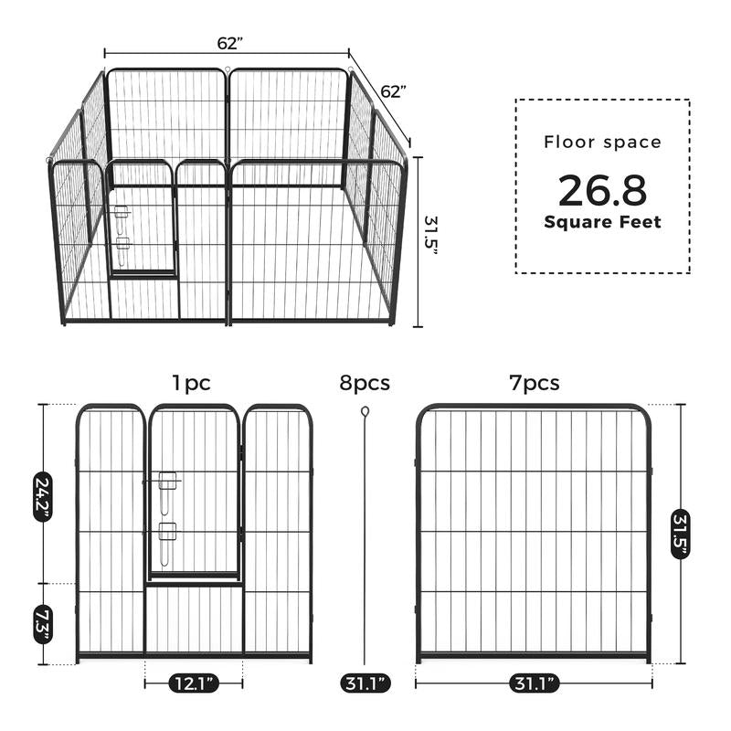 Pettrove Dog Playpen Indoor - Pet Fence Puppy Exercise Pen for Yard Gate 8 /16 Panel 24”/32 ”/48” Height Heavy Duty Crates with Doors Metal Dog Pen for Camping, RV, Outdoor, Small/Medium Pets