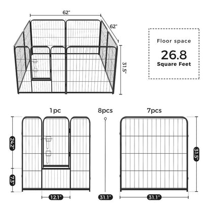 Pettrove Dog Playpen Indoor - Pet Fence Puppy Exercise Pen for Yard Gate 8 /16 Panel 24”/32 ”/48” Height Heavy Duty Crates with Doors Metal Dog Pen for Camping, RV, Outdoor, Small/Medium Pets