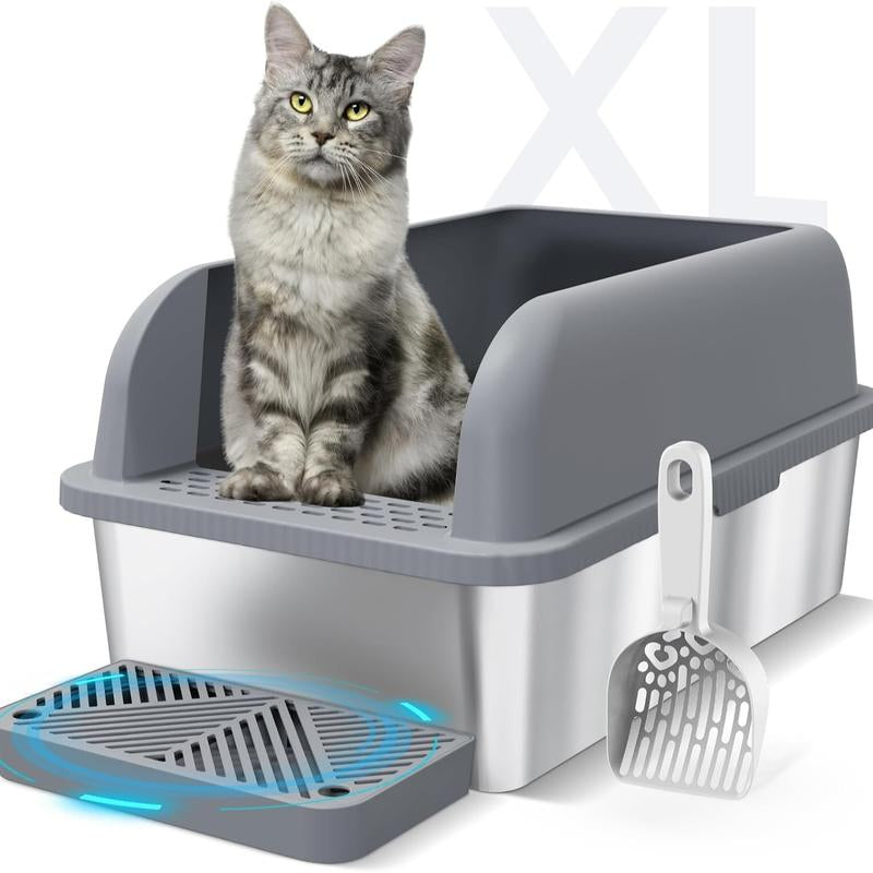 Suzzipaws Enclosed Stainless Steel Cat Litter Box with Lid Extra Large Litter Box for Big Cats XL Metal Litter Pan Tray with High Wall Sides Enclosure, Non-Sticky, Anti-Leakage, Easy Cleaning