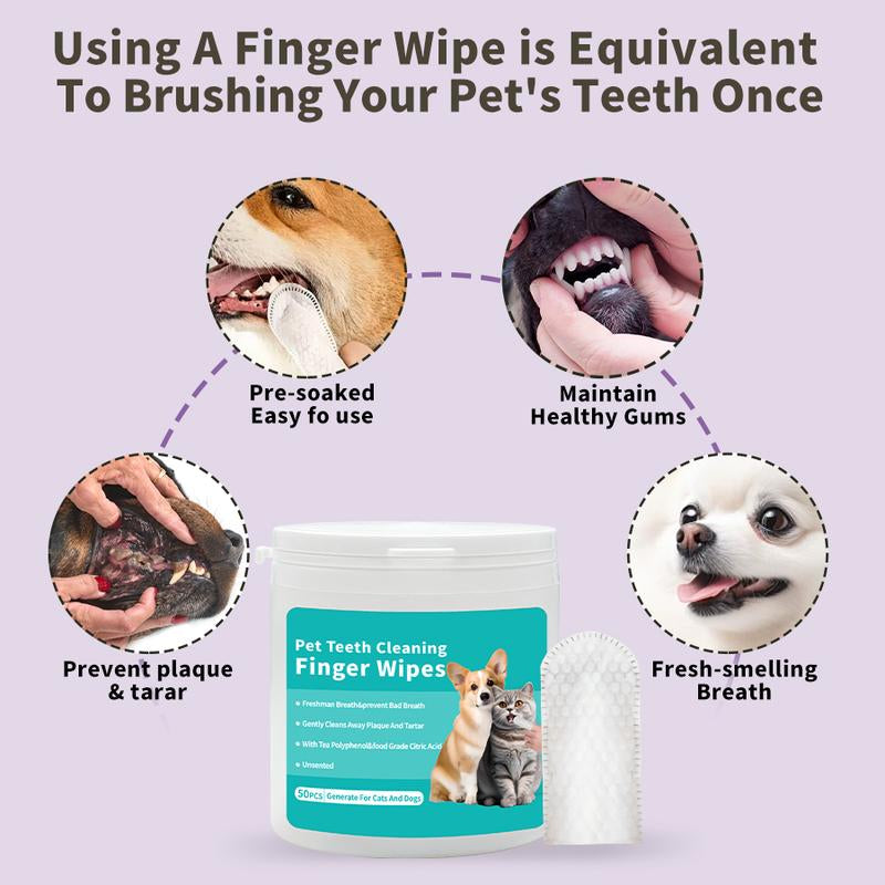 Teeth Cleaning Finger Wipes for Dogs & Cats -Dog Mom 'S Day Reduces Plaque, Freshens Breath, Easy to Use, 50 Clips for Cats and Dogs