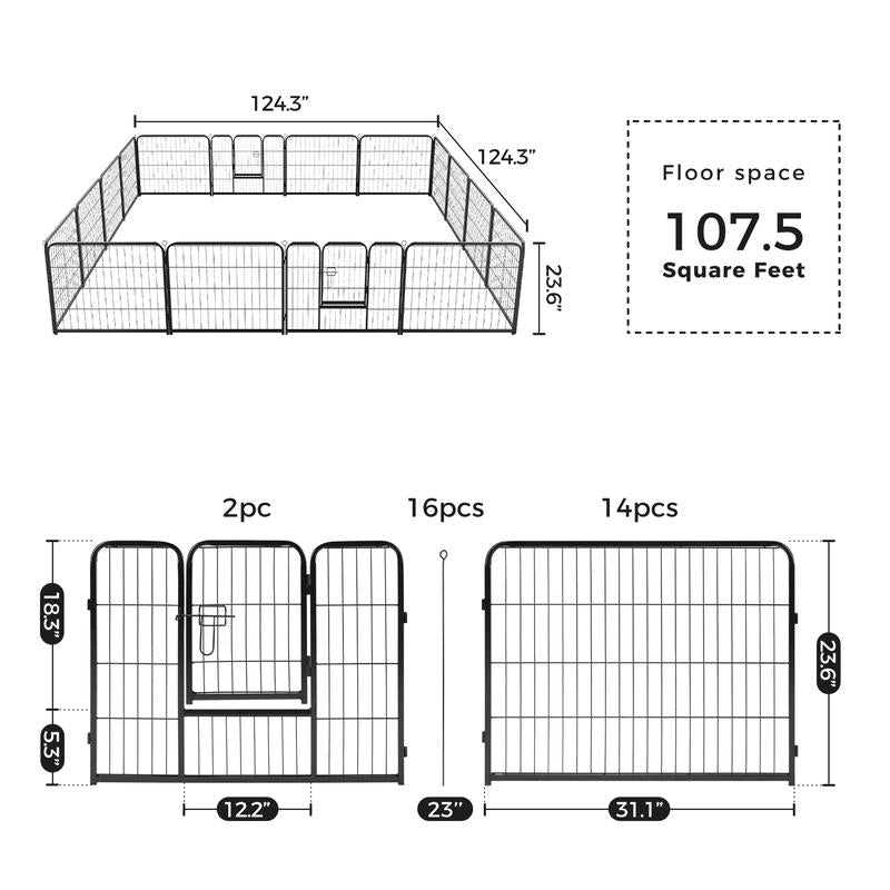 Pettrove Dog Playpen Indoor - Pet Fence Puppy Exercise Pen for Yard Gate 8 /16 Panel 24”/32 ”/48” Height Heavy Duty Crates with Doors Metal Dog Pen for Camping, RV, Outdoor, Small/Medium Pets