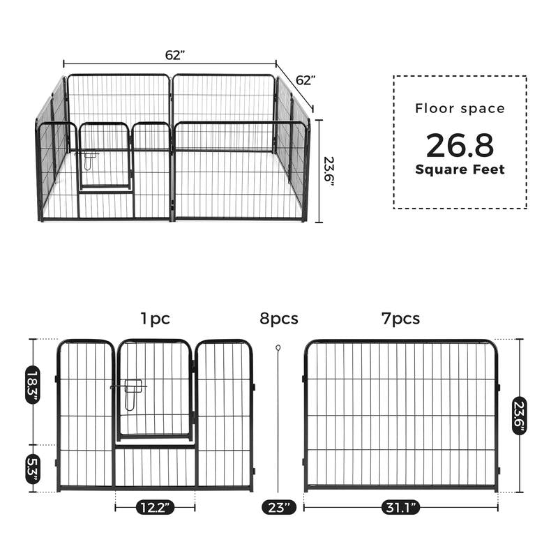 Pettrove Dog Playpen Indoor - Pet Fence Puppy Exercise Pen for Yard Gate 8 /16 Panel 24”/32 ”/48” Height Heavy Duty Crates with Doors Metal Dog Pen for Camping, RV, Outdoor, Small/Medium Pets