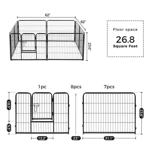 Pettrove Dog Playpen Indoor - Pet Fence Puppy Exercise Pen for Yard Gate 8 /16 Panel 24”/32 ”/48” Height Heavy Duty Crates with Doors Metal Dog Pen for Camping, RV, Outdoor, Small/Medium Pets