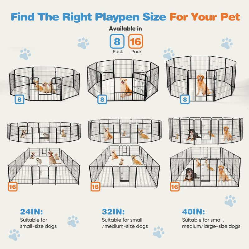 Pettrove Dog Playpen Indoor - Pet Fence Puppy Exercise Pen for Yard Gate 8 /16 Panel 24”/32 ”/48” Height Heavy Duty Crates with Doors Metal Dog Pen for Camping, RV, Outdoor, Small/Medium Pets