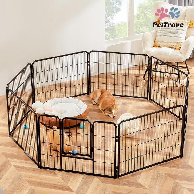 Pettrove Dog Playpen Indoor - Pet Fence Puppy Exercise Pen for Yard Gate 8 /16 Panel 24”/32 ”/48” Height Heavy Duty Crates with Doors Metal Dog Pen for Camping, RV, Outdoor, Small/Medium Pets