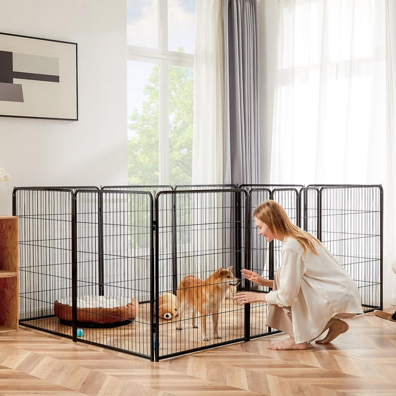 Pettrove Dog Playpen Indoor - Pet Fence Puppy Exercise Pen for Yard Gate 8 /16 Panel 24”/32 ”/48” Height Heavy Duty Crates with Doors Metal Dog Pen for Camping, RV, Outdoor, Small/Medium Pets