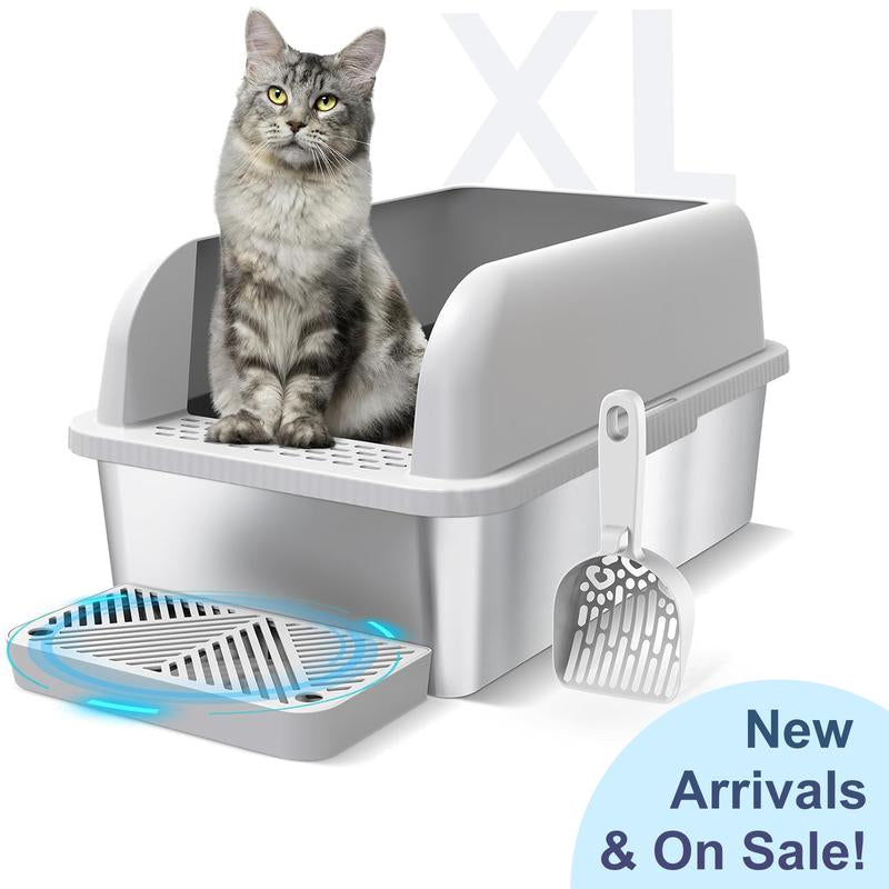 Suzzipaws Enclosed Stainless Steel Cat Litter Box with Lid Extra Large Litter Box for Big Cats XL Metal Litter Pan Tray with High Wall Sides Enclosure, Non-Sticky, Anti-Leakage, Easy Cleaning