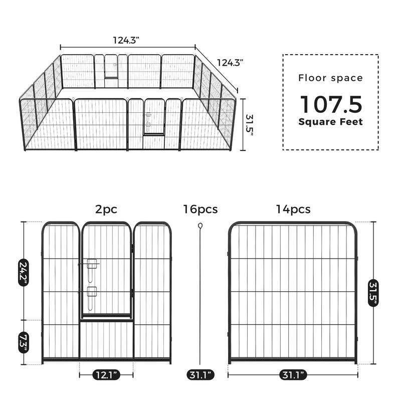 Pettrove Dog Playpen Indoor - Pet Fence Puppy Exercise Pen for Yard Gate 8 /16 Panel 24”/32 ”/48” Height Heavy Duty Crates with Doors Metal Dog Pen for Camping, RV, Outdoor, Small/Medium Pets