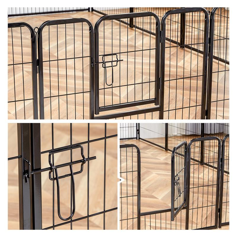 Pettrove Dog Playpen Indoor - Pet Fence Puppy Exercise Pen for Yard Gate 8 /16 Panel 24”/32 ”/48” Height Heavy Duty Crates with Doors Metal Dog Pen for Camping, RV, Outdoor, Small/Medium Pets