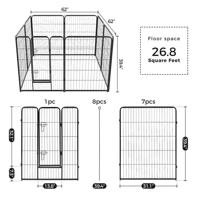 Pettrove Dog Playpen Indoor - Pet Fence Puppy Exercise Pen for Yard Gate 8 /16 Panel 24”/32 ”/48” Height Heavy Duty Crates with Doors Metal Dog Pen for Camping, RV, Outdoor, Small/Medium Pets