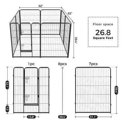 Pettrove Dog Playpen Indoor - Pet Fence Puppy Exercise Pen for Yard Gate 8 /16 Panel 24”/32 ”/48” Height Heavy Duty Crates with Doors Metal Dog Pen for Camping, RV, Outdoor, Small/Medium Pets