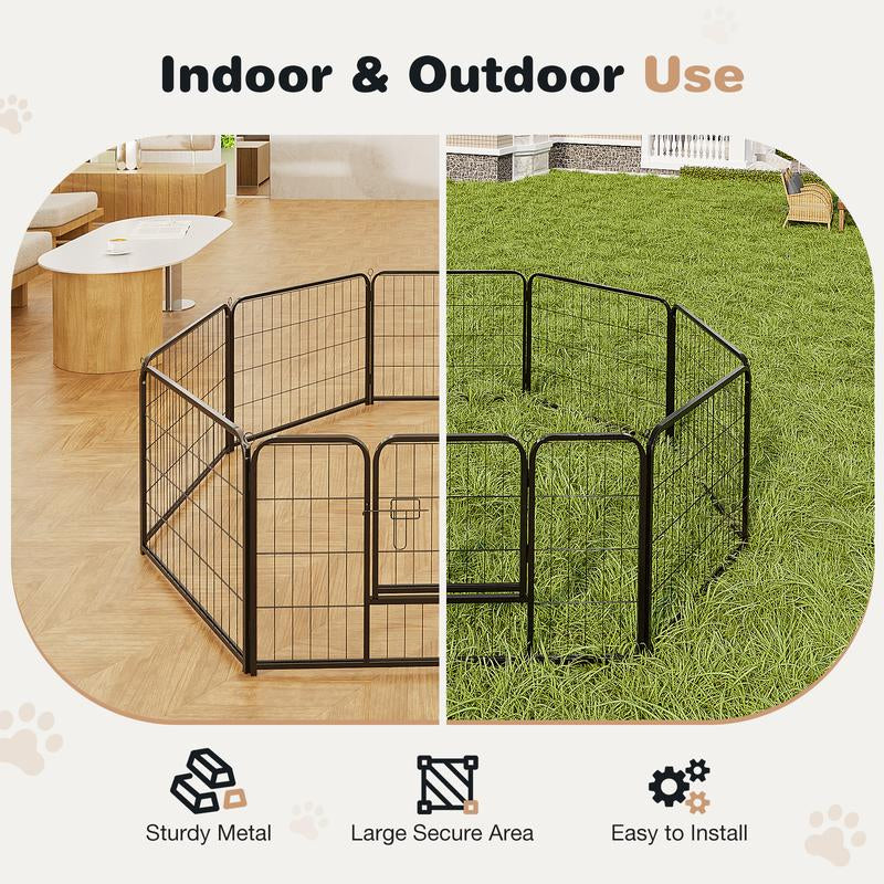 Pettrove Dog Playpen Indoor - Pet Fence Puppy Exercise Pen for Yard Gate 8 /16 Panel 24”/32 ”/48” Height Heavy Duty Crates with Doors Metal Dog Pen for Camping, RV, Outdoor, Small/Medium Pets