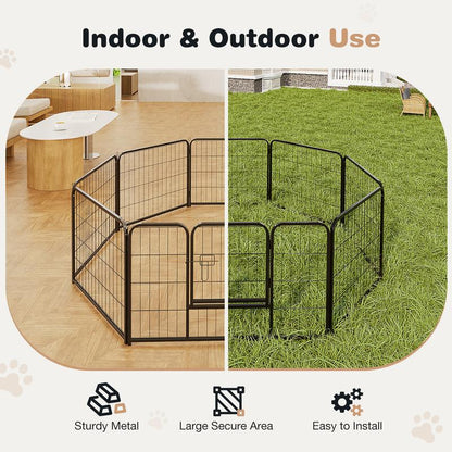 Pettrove Dog Playpen Indoor - Pet Fence Puppy Exercise Pen for Yard Gate 8 /16 Panel 24”/32 ”/48” Height Heavy Duty Crates with Doors Metal Dog Pen for Camping, RV, Outdoor, Small/Medium Pets