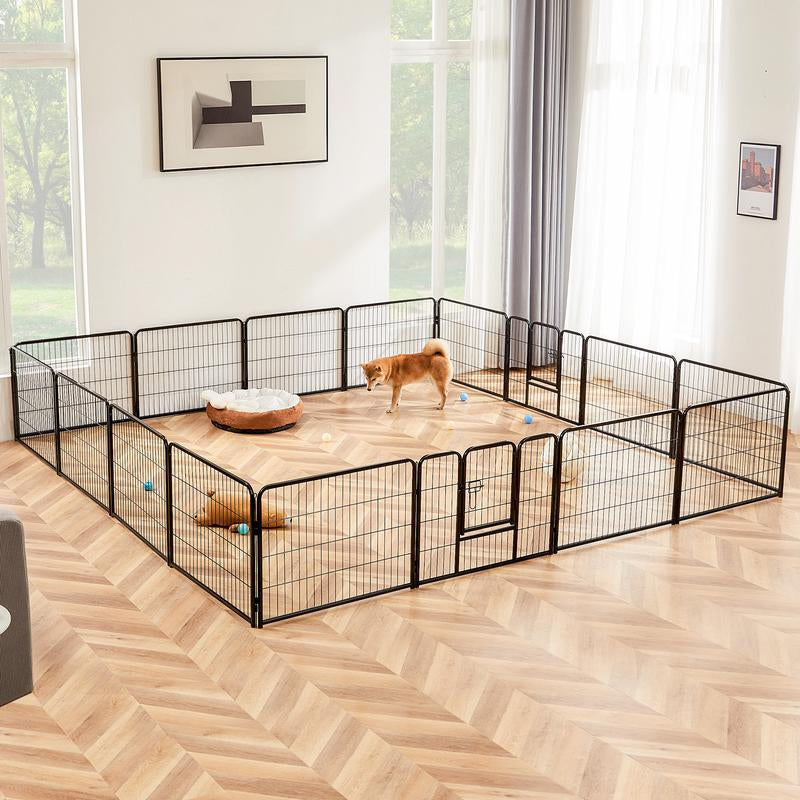 Pettrove Dog Playpen Indoor - Pet Fence Puppy Exercise Pen for Yard Gate 8 /16 Panel 24”/32 ”/48” Height Heavy Duty Crates with Doors Metal Dog Pen for Camping, RV, Outdoor, Small/Medium Pets