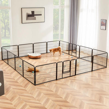 Pettrove Dog Playpen Indoor - Pet Fence Puppy Exercise Pen for Yard Gate 8 /16 Panel 24”/32 ”/48” Height Heavy Duty Crates with Doors Metal Dog Pen for Camping, RV, Outdoor, Small/Medium Pets