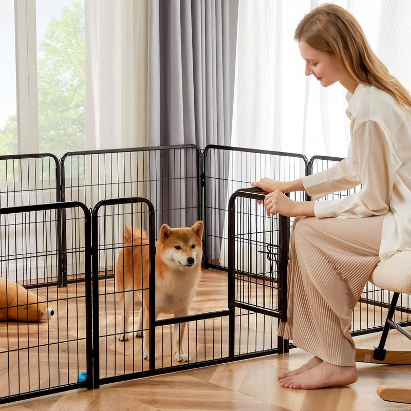 Pettrove Dog Playpen Indoor - Pet Fence Puppy Exercise Pen for Yard Gate 8 /16 Panel 24”/32 ”/48” Height Heavy Duty Crates with Doors Metal Dog Pen for Camping, RV, Outdoor, Small/Medium Pets