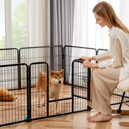 Pettrove Dog Playpen Indoor - Pet Fence Puppy Exercise Pen for Yard Gate 8 /16 Panel 24”/32 ”/48” Height Heavy Duty Crates with Doors Metal Dog Pen for Camping, RV, Outdoor, Small/Medium Pets