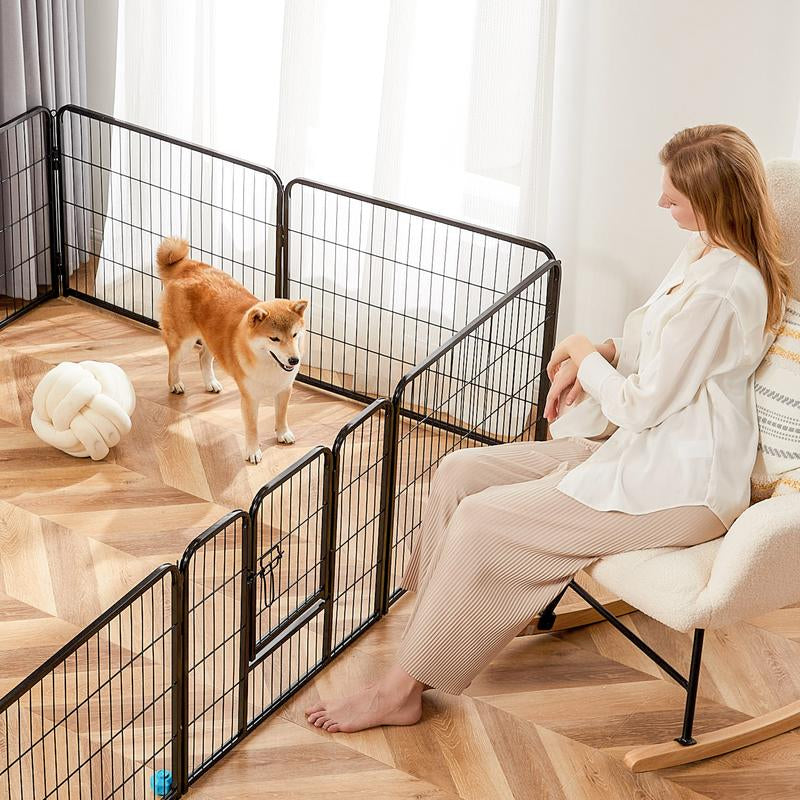 Pettrove Dog Playpen Indoor - Pet Fence Puppy Exercise Pen for Yard Gate 8 /16 Panel 24”/32 ”/48” Height Heavy Duty Crates with Doors Metal Dog Pen for Camping, RV, Outdoor, Small/Medium Pets